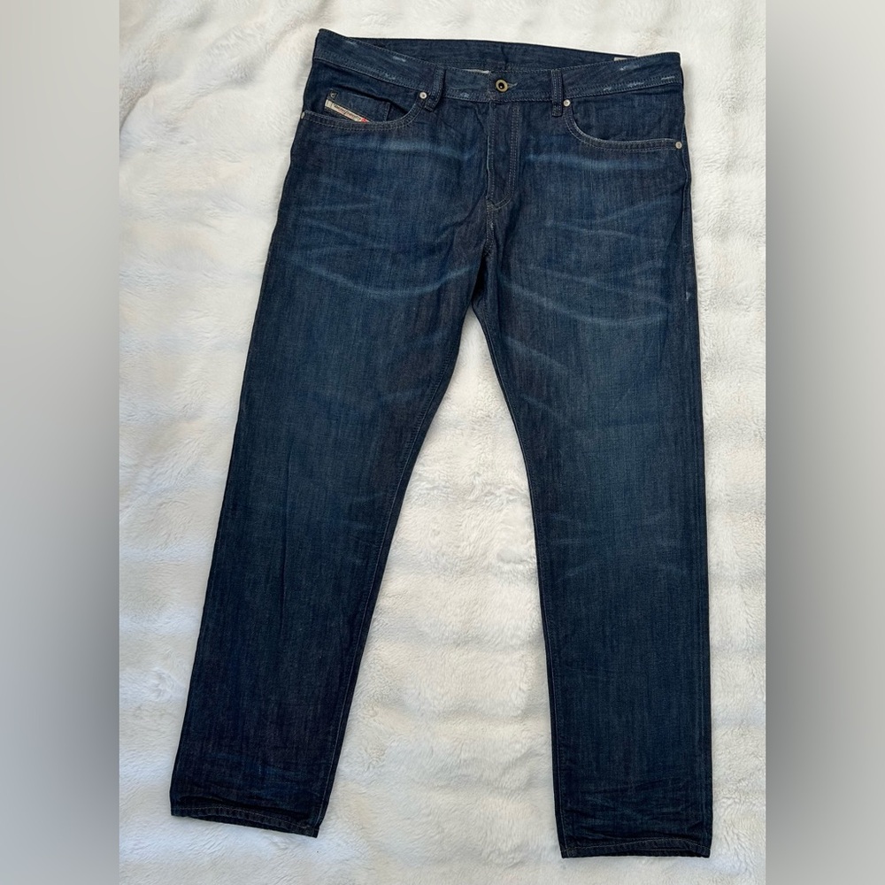 Diesel Industries  Men's Dark Blue Denim Buttonfly Distressed Straight Jeans